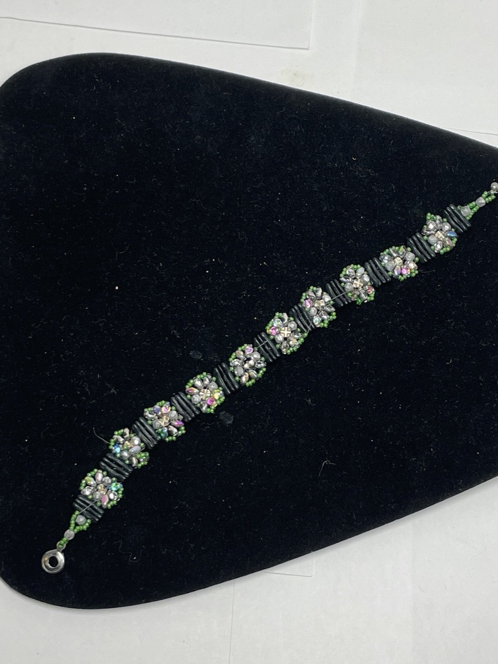 Artisan Woven Beaded Cuff Bracelet Peacock Colors Iridescent 8” Ball Clasp